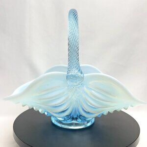 Mosser Vintage Glass Basket Soft Blue Opalescent Drapery Twisted Handle 8" USA